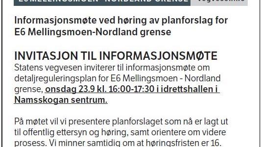 Lenke til artikkel: Informasjonsmøte 23. September ved høring av planforslag for E6 Mellingsmoen-Nordland grense